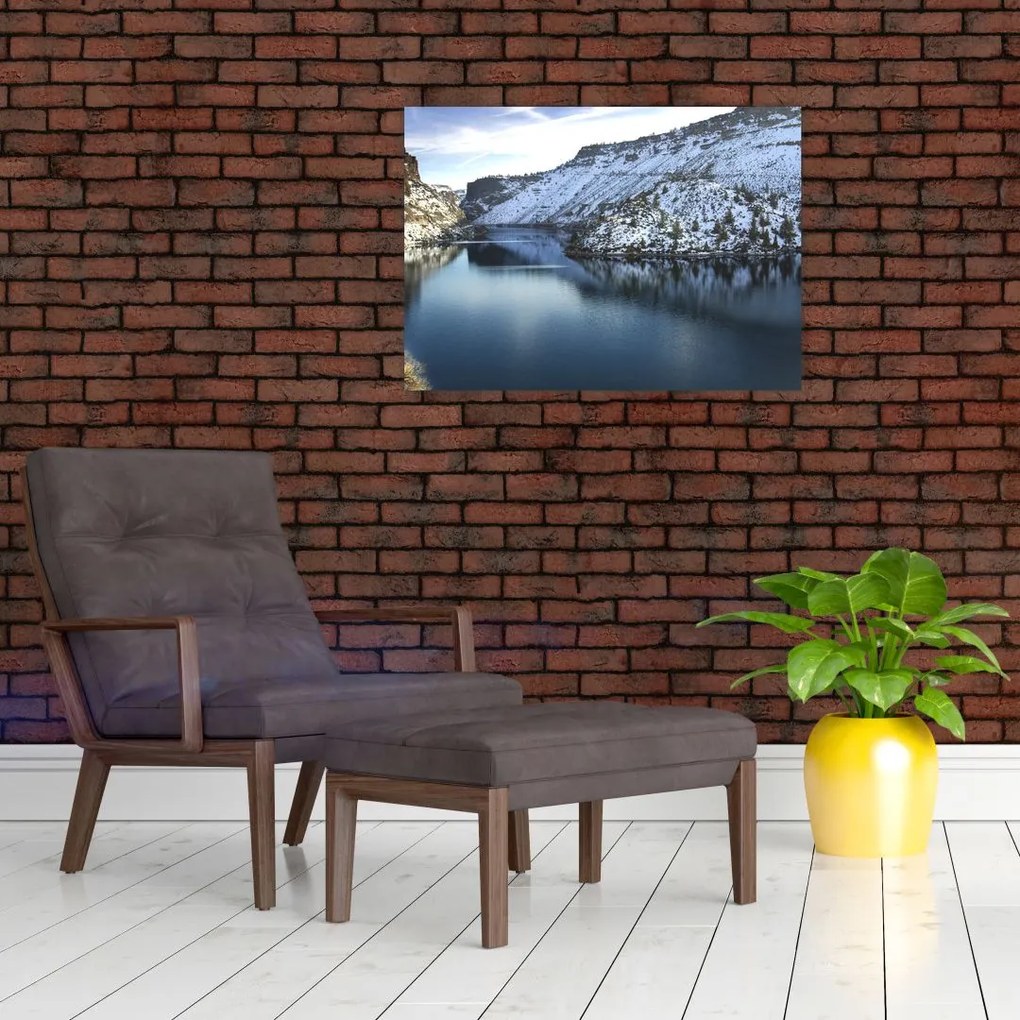 Tablou pe sticlă - peisaj de iarnă cu lac (70x50 cm)