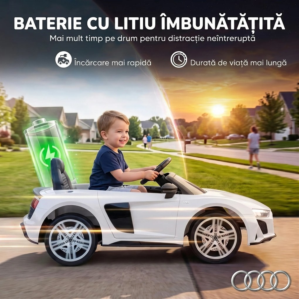AIYAPLAY Mașină Electrică pentru Copii 12 V Audi R8 Spyder, 3+ Ani, 3-5 km/h, 2 Motoare și Telecomandă, Albă | Aosom Romania