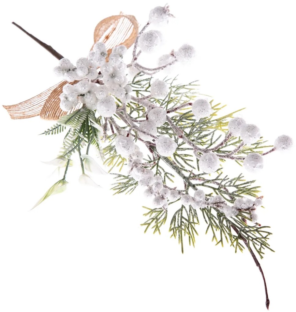 Ramură decorativă de Crăciun, cu bobițe albe, 8 x 35 x 6 cm