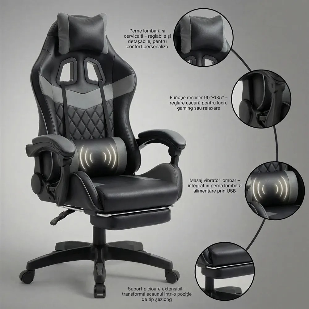 Scaun gaming, sistem iluminare bandă LED RGB, masaj în perna lombară, suport picioare, Negru/Gri