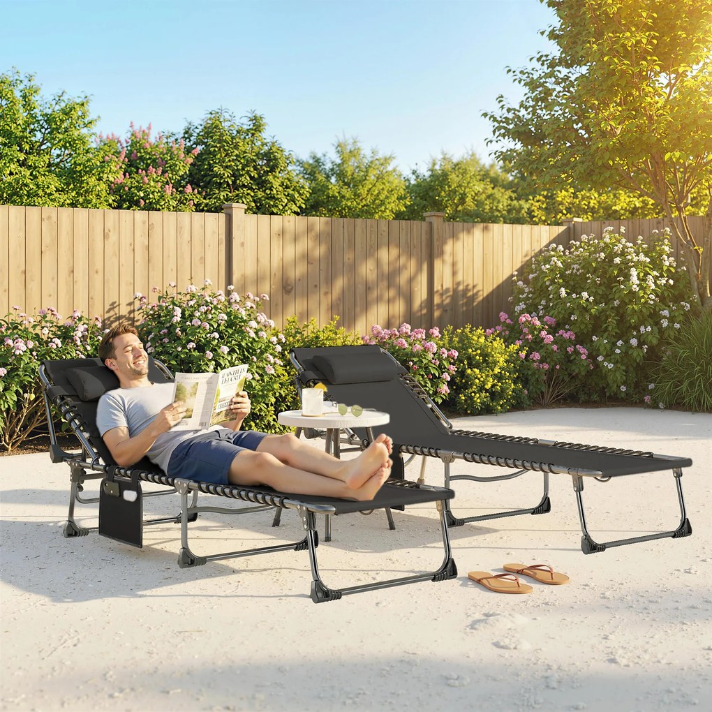 Outsunny Set de 2 Șezlonguri de Grădină Pliabile, Reglabile pe 5 Niveluri, cu Perne, Șezlonguri Textilenă cu Buzunar Lateral, Mâner, pentru Plajă, Piscină, 57x200x38 cm, Negru | Aosom Romania
