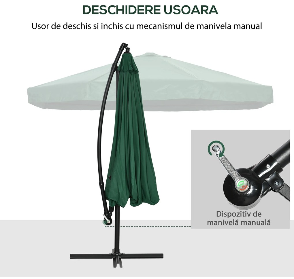 Outsunny Umbrelă de Soare cu Plasă de Țânțari, Umbrelă de Soare cu Deschidere Manivelă și Bază Transversală, 295x295x240 cm, Verde | Aosom Romania