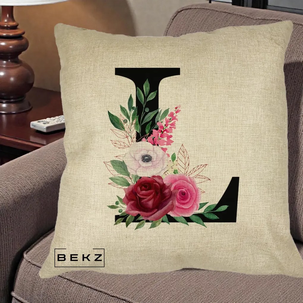 Cadou Personalizat - Perna Personalizata Monograma Florala Litera L, 40x40 cm, Crem, Husa Detasabila, Perna Inclusa, BEKZ®