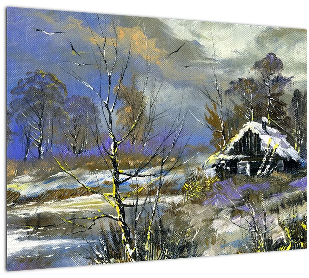 Tablou pe sticlă -Cabane într-un peisaj de iarnă, pictură în ulei (70x50 cm)