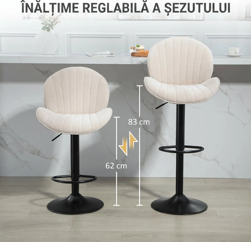 HOMCOM Set de 2 Scaune de Bar cu Suport pentru Picioare, din Țesătură cu Efect de Cinilie, 48x50x94-115 cm, Negru și Bej | Aosom Romania