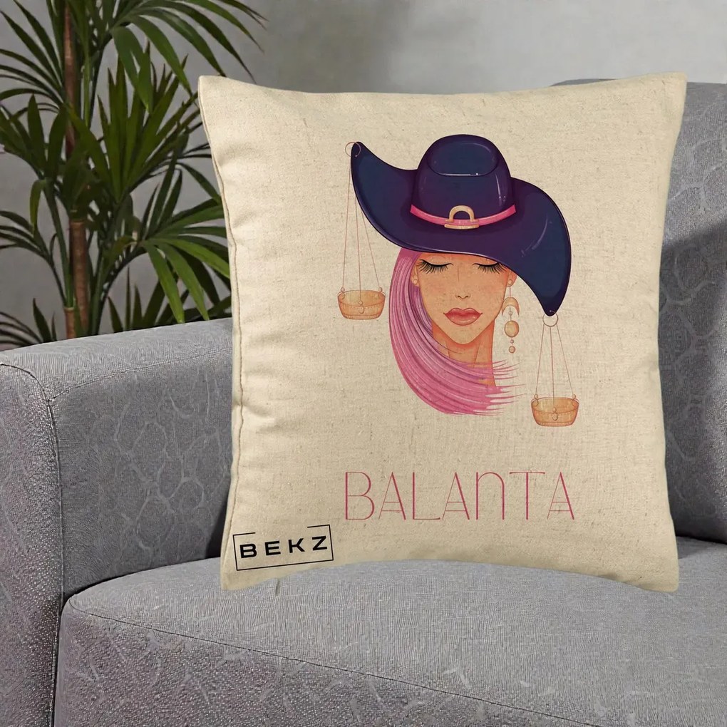 Perna Personalizata Zodiac Balanta Cowgirl, 40x40 cm, Bej, Husa Detasabila, Perna Inclusa, BEKZ®