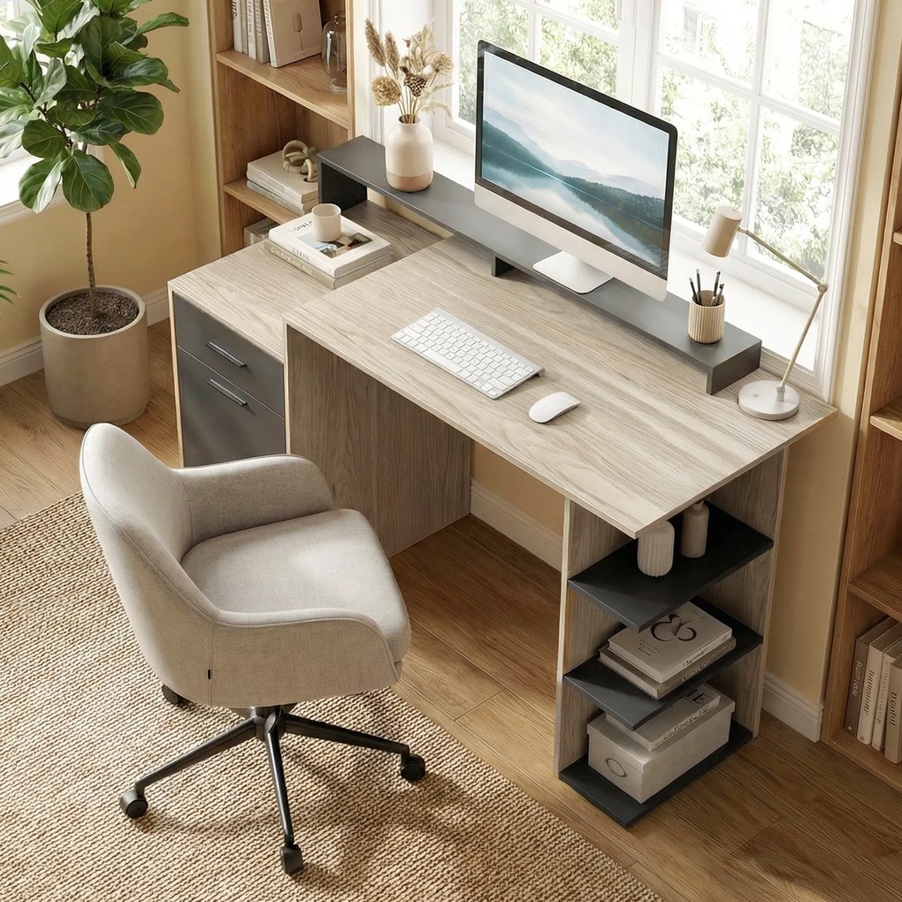 HOMCOM Masă pentru calculator cu spațiu de depozitare și rafturi, birou modern pentru birou și cameră de lucru, 140 cm, stejar | Aosom Romania