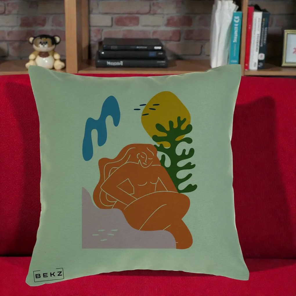 Perna Decorativa Femeie Portocalie Relaxata, 40x40 cm, Verde, Husa Detasabila, Perna Inclusa, BEKZ®