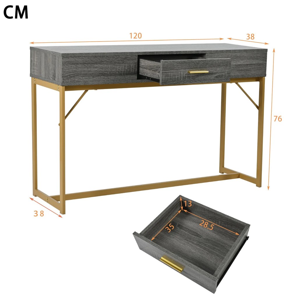 Masă consolă cu 1 sertar, structură din metal, 120×38×76 cm, Gri