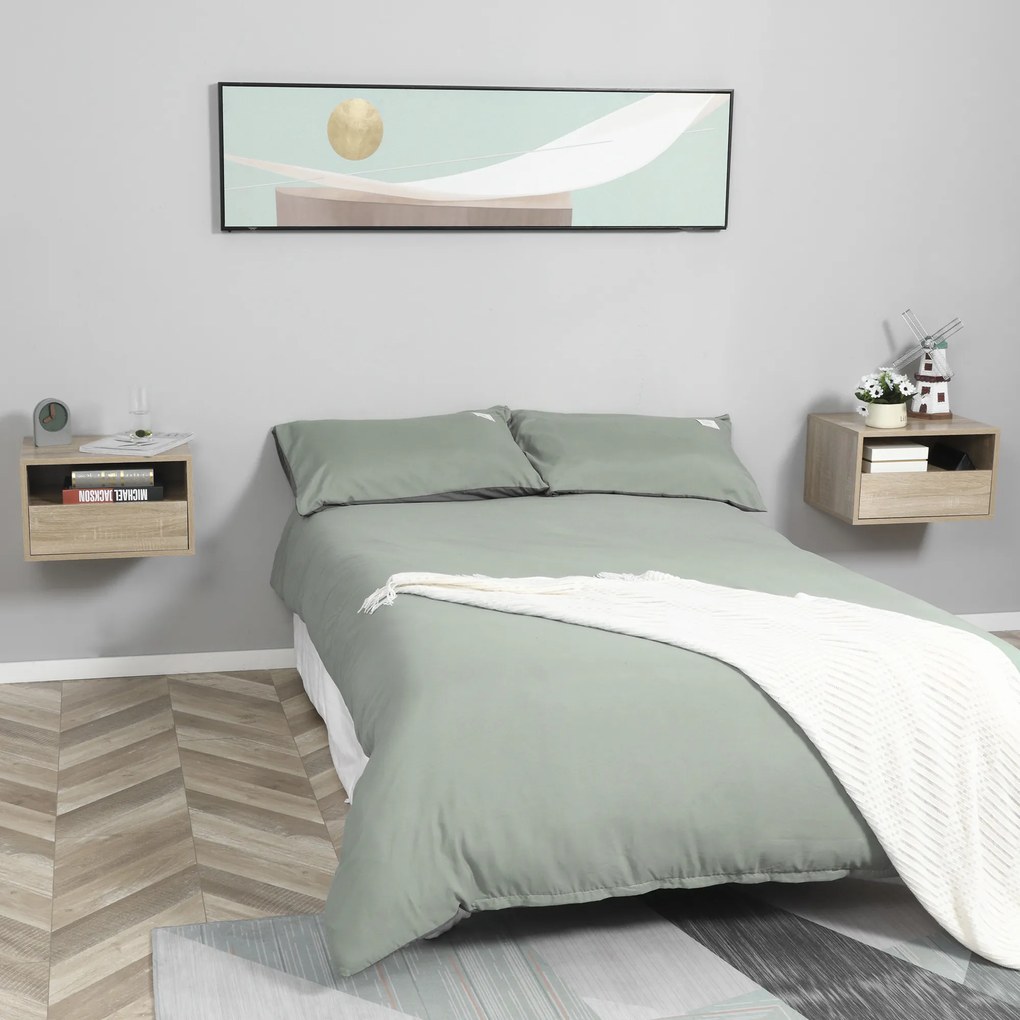 HOMCOM Set de 2 Noptiere murale, Set de 2 Noptiere, Sertar culisant, Nisa, Blat, Panouri Particule Aspect stejar Deschis | Aosom Romania