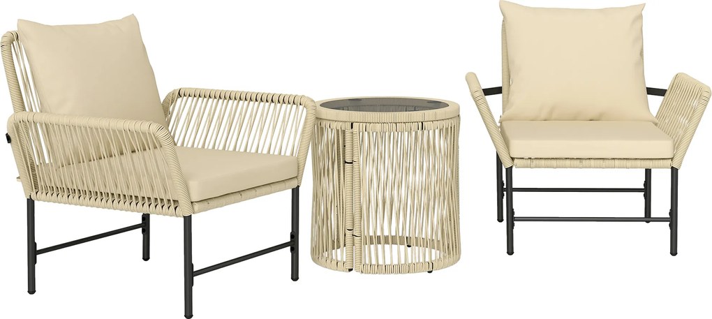 Outsunny Set mobilier de grădină din Polyrattan, mobilier outdoor pentru balcon pentru 2 persoane, 3 piese cu 2 scaune, măsuță laterală, perne | Aosom Romania