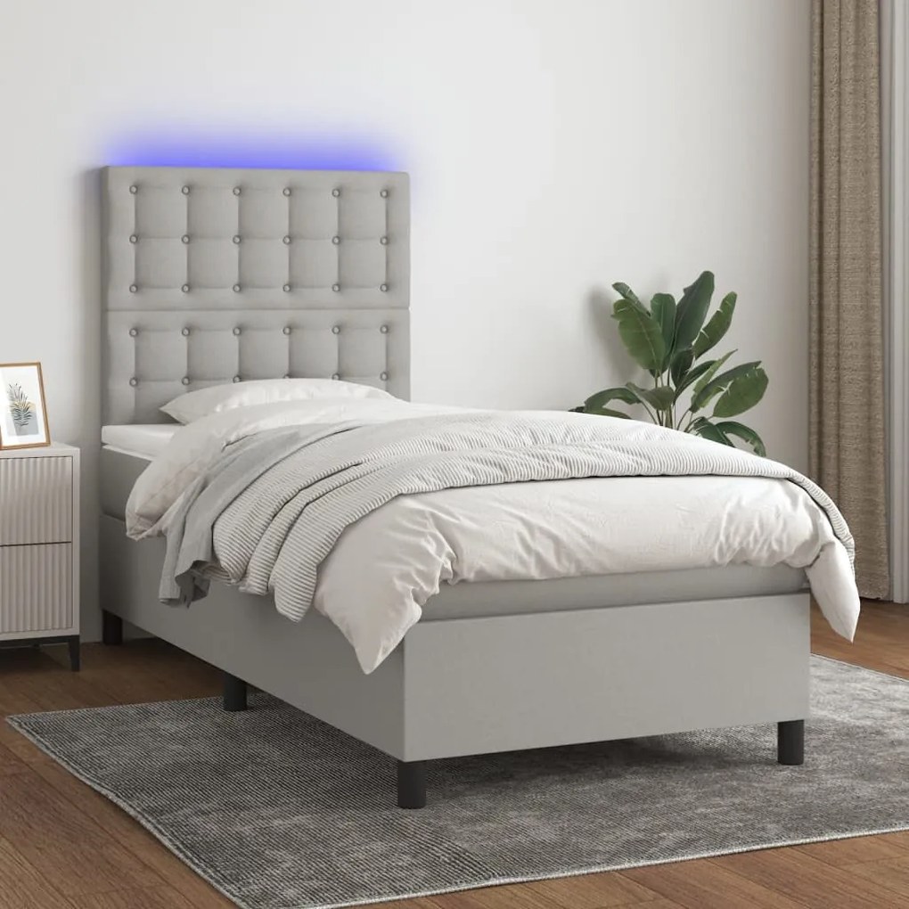 3135149 vidaXL Pat cu arcuri, saltea și LED, gri deschis, 80x200 cm, textil