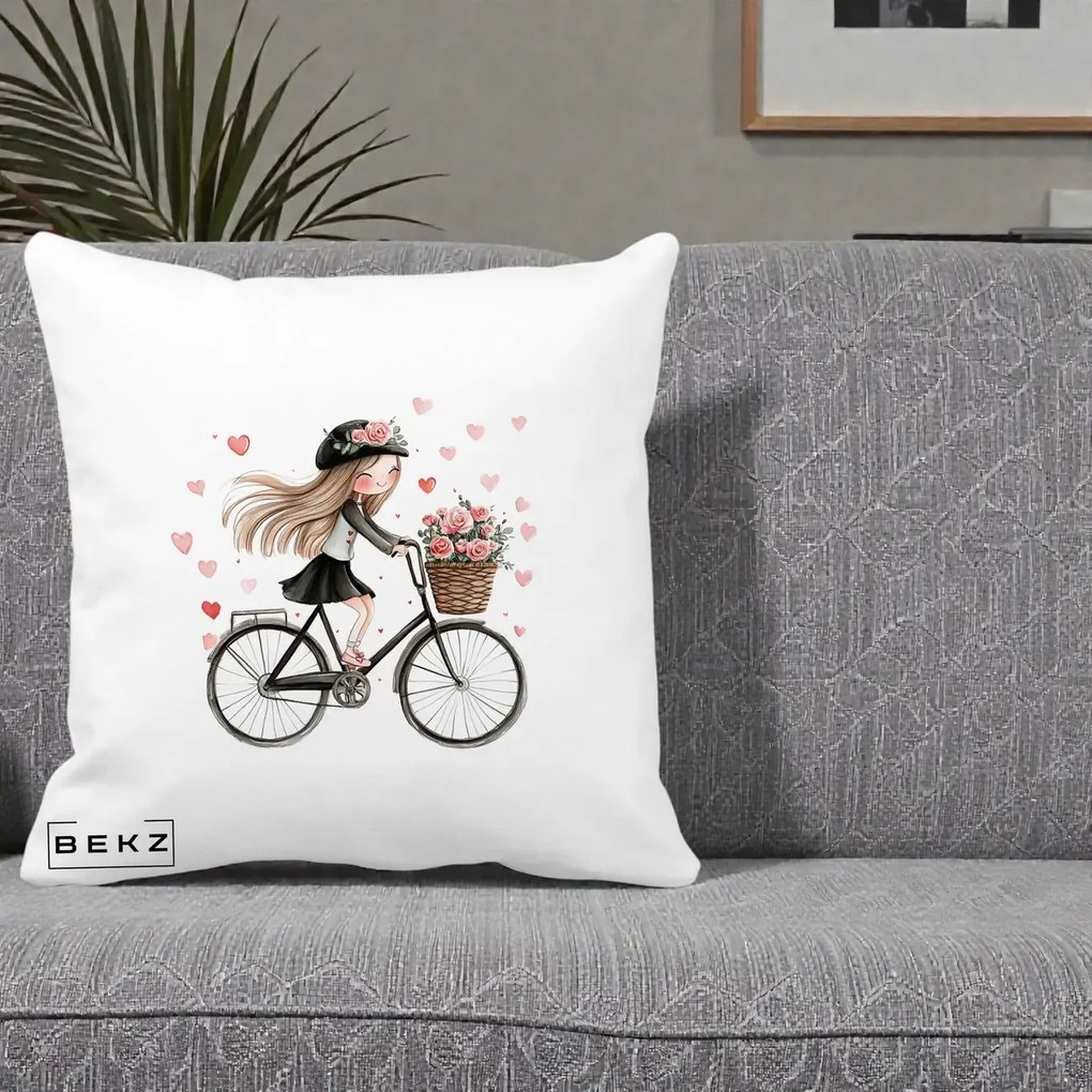 Perna Decorativa Fetita Kawaii pe Bicicleta cu Trandafiri si Inimioare, 40x40 cm, Alba Mata, Husa Detasabila, Perna Inclusa, BEKZ®
