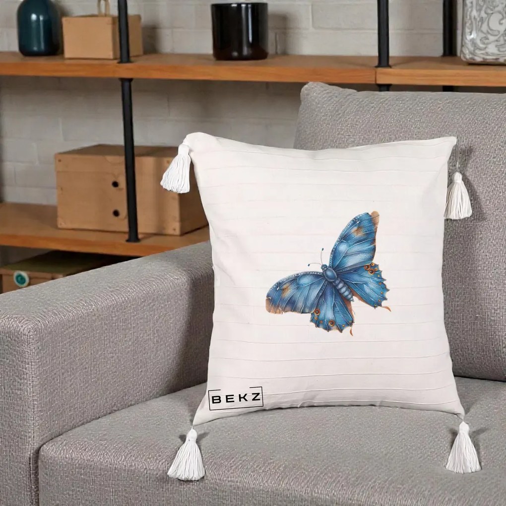 Perna Decorativa Fluture Albastru Satin cu Pete Aurii, 40x40 cm, Bej cu Franjuri, Husa Detasabila, Perna Inclusa, BEKZ®