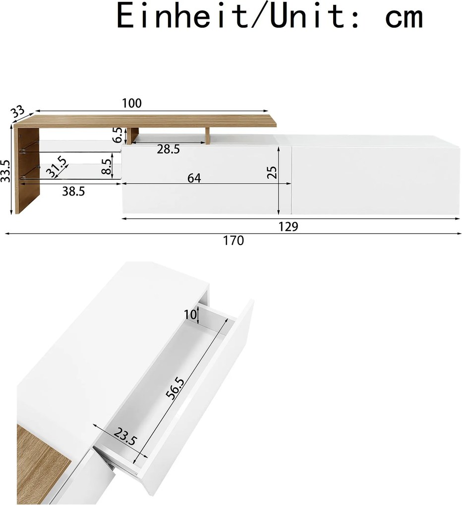 Comodă TV cu iluminare LED, spațiu de depozitare și rafturi din sticlă, 170x33x33,5 cm, Culoare naturală+Alb