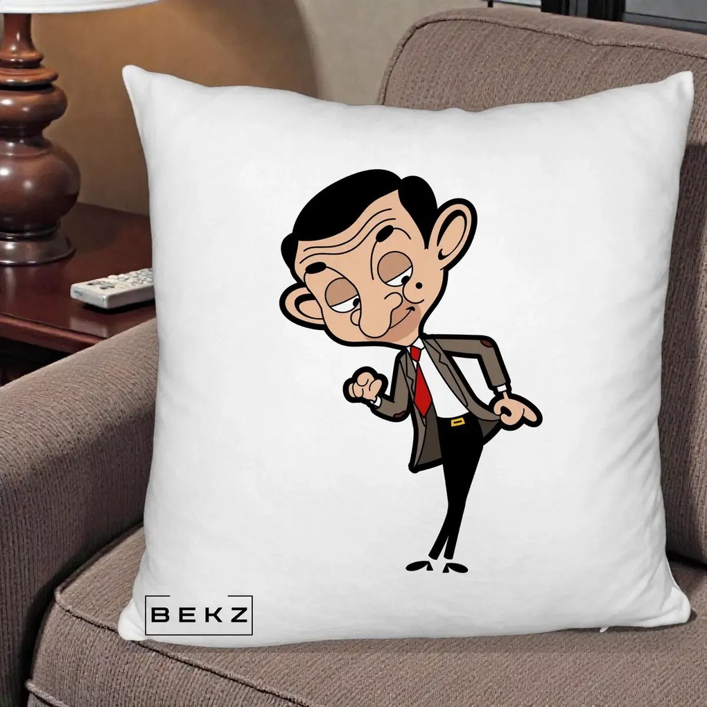 Perna Personalizata Mr. Bean Caricatura, 40x40 cm, Alb Pufos, Husa Detasabila, Perna Inclusa, BEKZ®