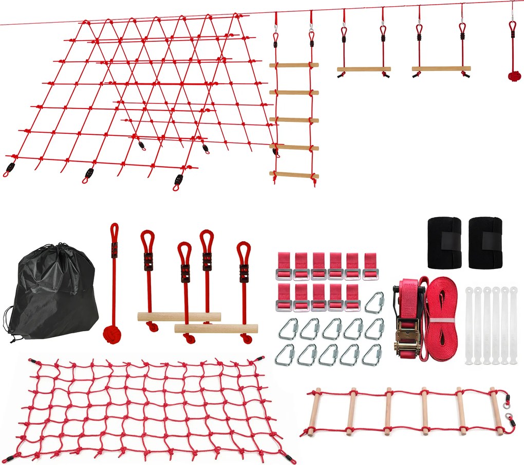 AIYAPLAY Ninja Line Set Slackline pentru copii 10 m cu inele, leagăn, scară de cățărat și plasă de cățărat pentru 3-6 ani 1000x300x180 cm Roșu | Aosom Romania