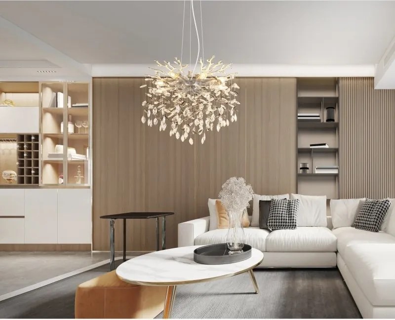 Lustra suspendata metal argintiu mat, cristale de sticla QUEENA