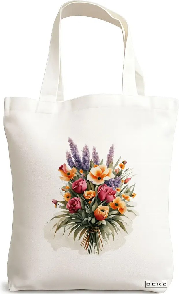 Sacosa de Panza pentru Cumparaturi, Geanta Tote, model Flower Bouquet 2, 38 x 34.5 cm, Alba, BEKZ®
