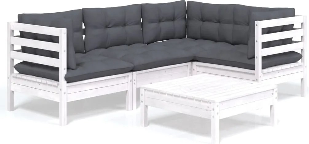 vidaXL Set mobilier grădină cu perne, 5 piese, alb, lemn de pin