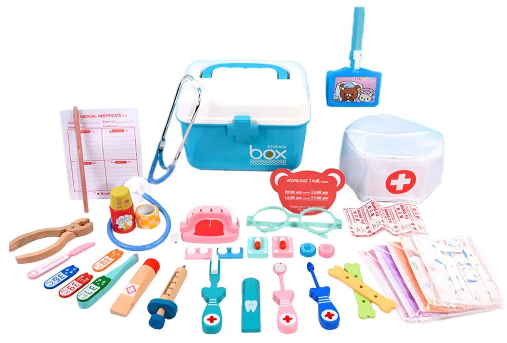 Jucărie dentară din lemn cu 38 de accesorii albastru