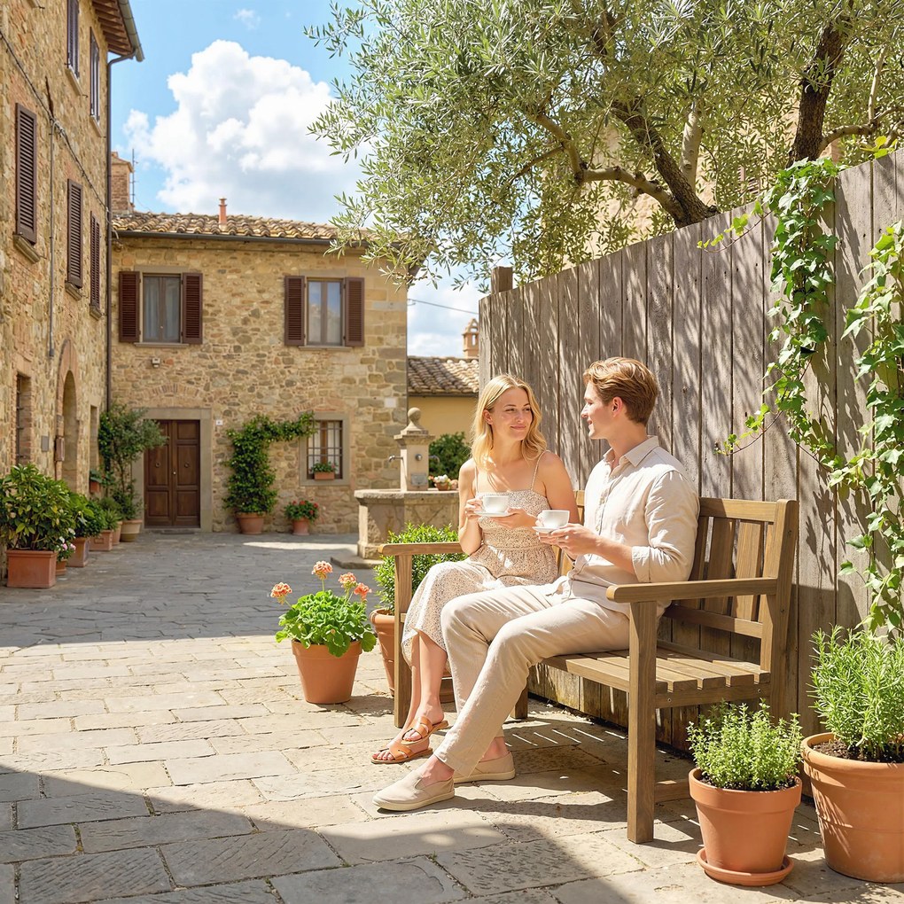 Outsunny Bancă de grădină 3 locuri rezistentă la intemperii, bancă din lemn cu spătar și cotiere, șezut din lemn, capacitate 360 kg Teak | Aosom Romania