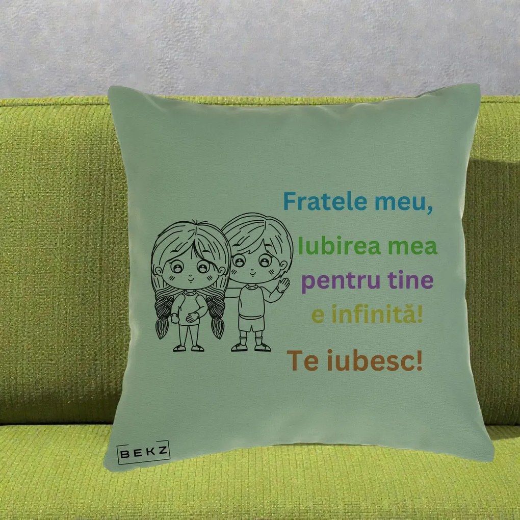 Cadou pentru Frate - Perna Personalizata Fratele Meu Te Iubesc Copii Anime Colorat, 40x40 cm, Verde, Husa Detasabila, Perna Inclusa, BEKZ®
