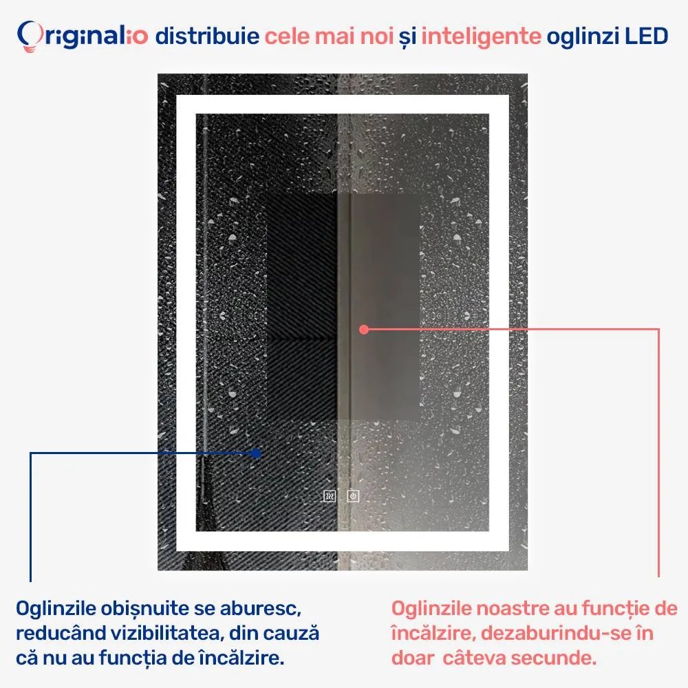 Oglindă LED Dreptunghiulară (60x80 cm), 3 Moduri Iluminare (Lumină Rece, Naturală, Caldă), Intensitate Reglabilă, Funcție Dezaburire, Control Tactil (Touch)