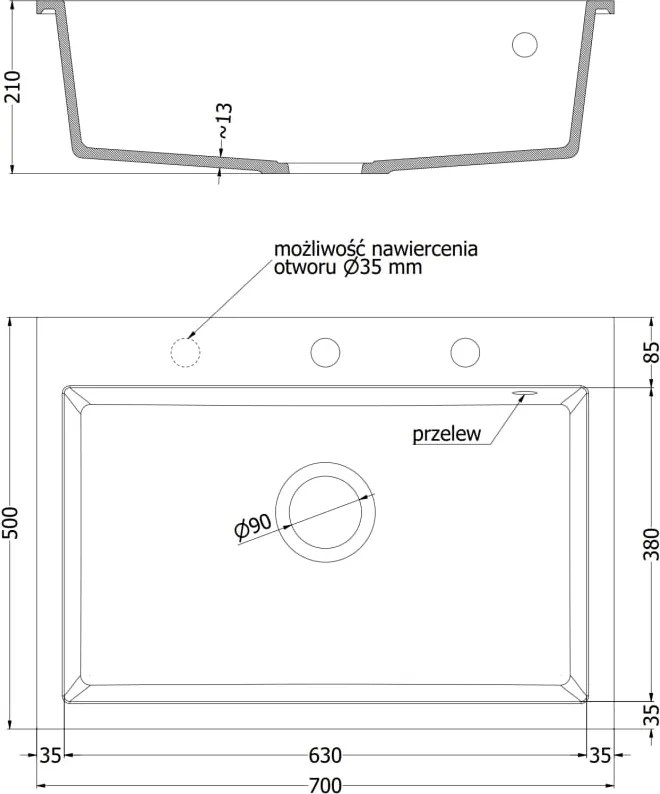 Mexen Elix chiuvetă granit 1-cameră 700 x 500 mm, negru, sifon crom - 6526701005-77