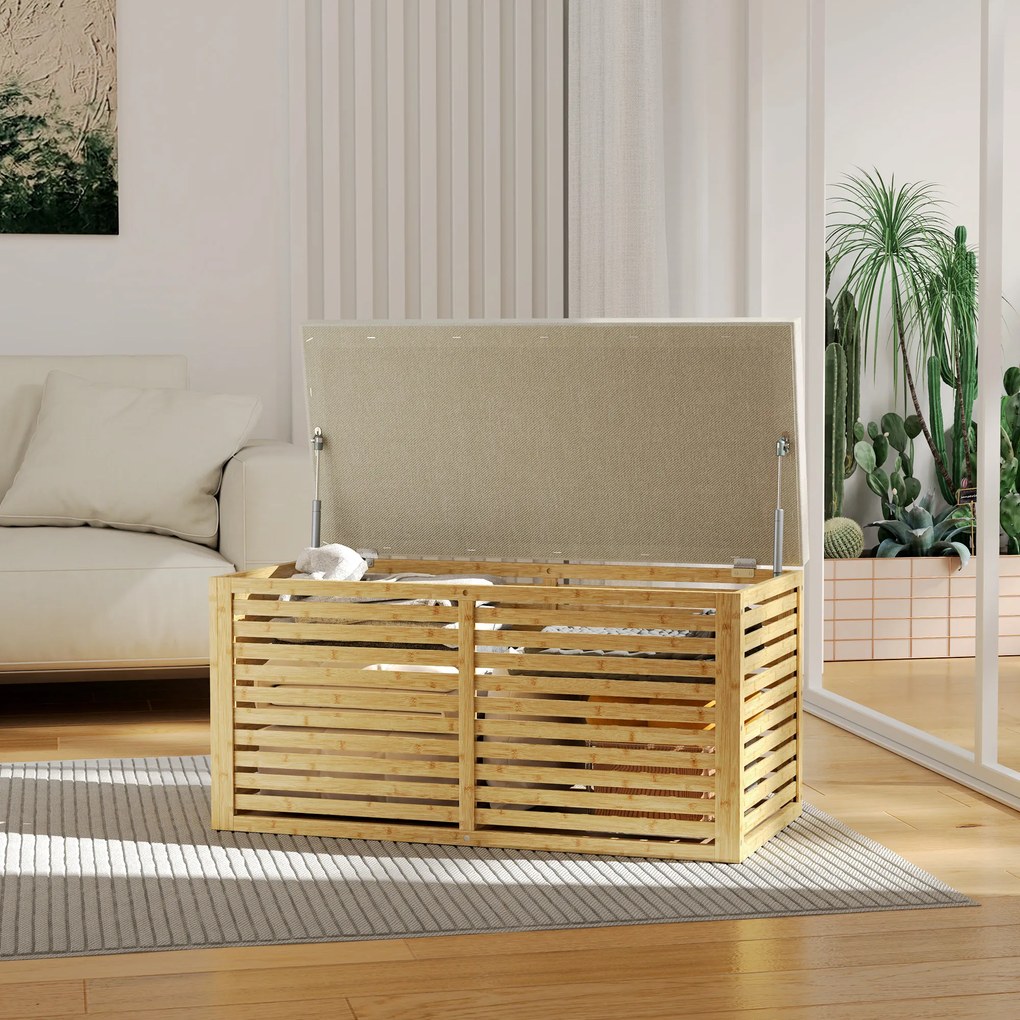HOMCOM Bancă de depozitare, cufăr tapițat din material cu aspect de in, capac și structură din bambus, gri și lemn natural | Aosom Romania