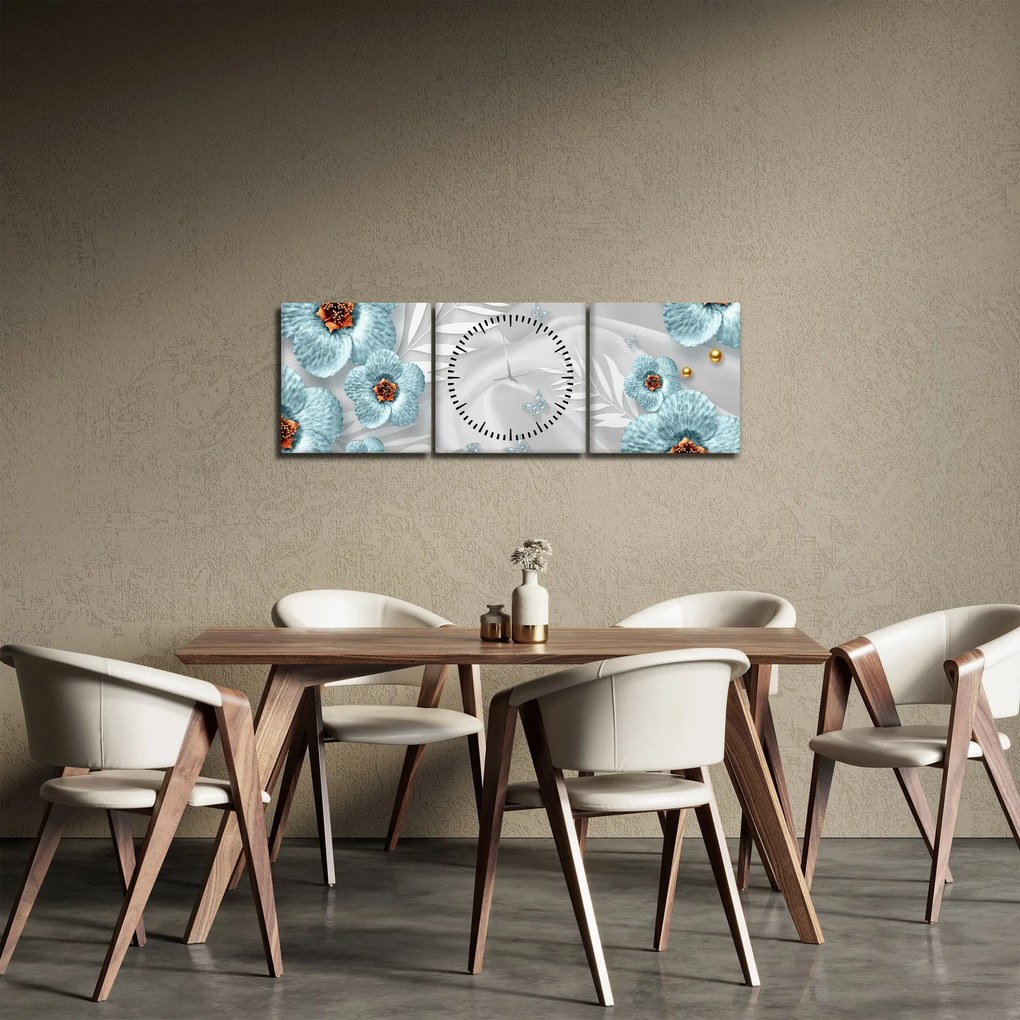 Tablou - 3D Flori albastre (cu ceas) (90x30 cm)