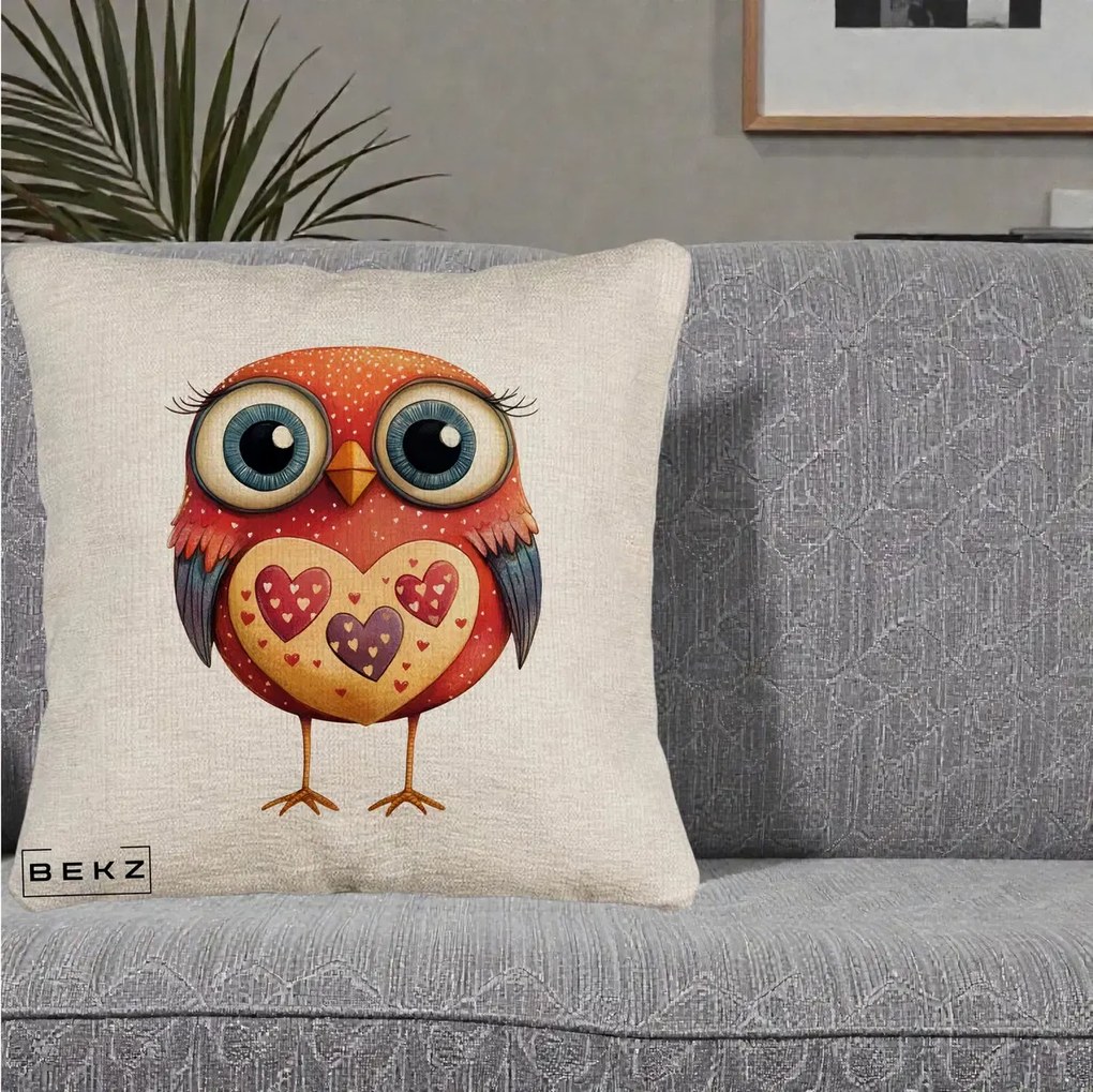 Perna Decorativa Bufnita Rosie cu Inimi Aurii, 40x40 cm, Bej Canapea, Husa Detasabila, Perna Inclusa, BEKZ®