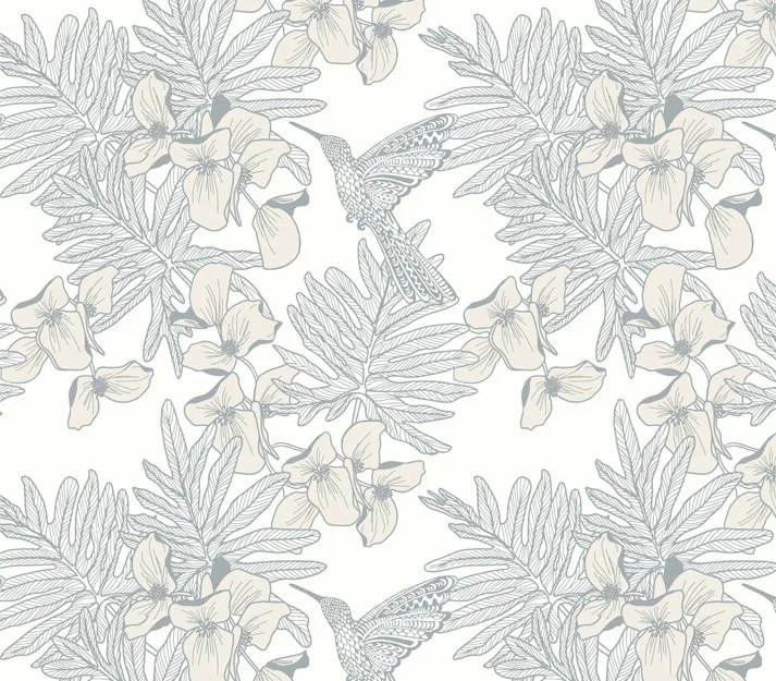 Tapet Hummingbird, Mist Grey Luxury Floral, 1838 Wallcoverings, 5.3mp / rola