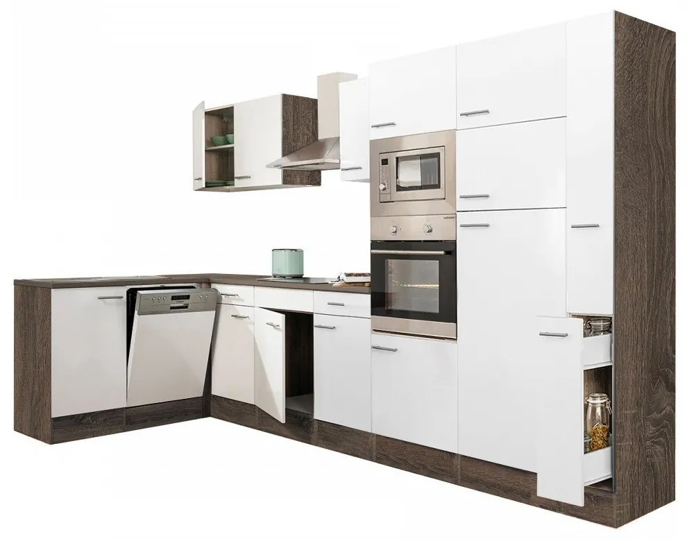 Dulap de bucătărie de colț Yorki 370, corp din stejar Yorki, cu față alb satinat