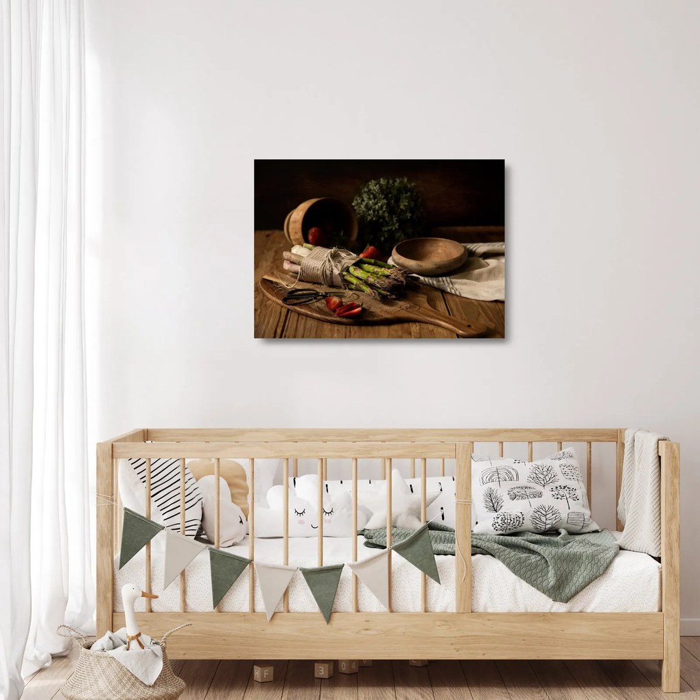 Tablou pe sticlă cu sparanghel pe masă (70x50 cm)