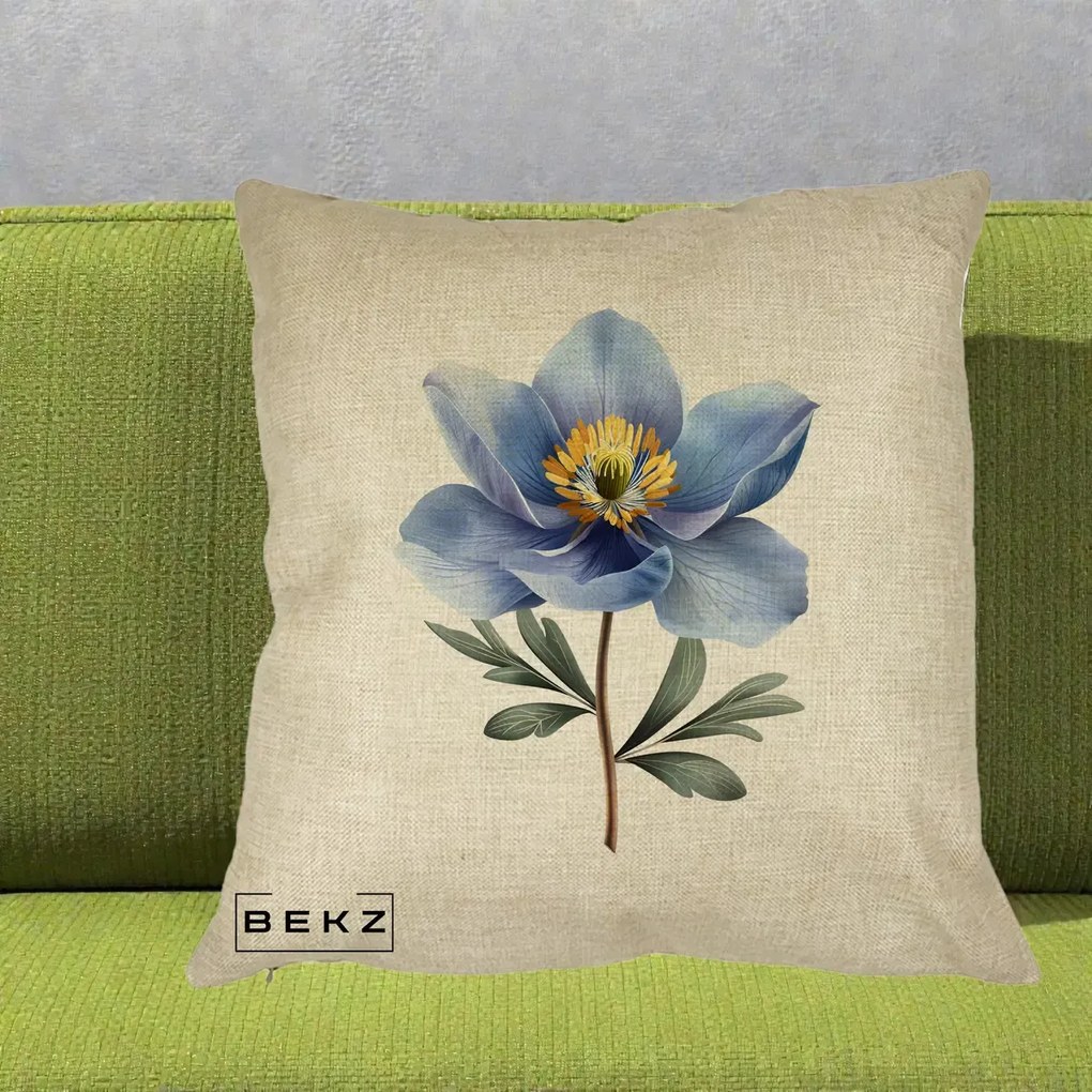 Perna Decorativa Anemona Albastra Botanica, 40x40 cm, Crem, Husa Detasabila, Perna Inclusa, BEKZ®
