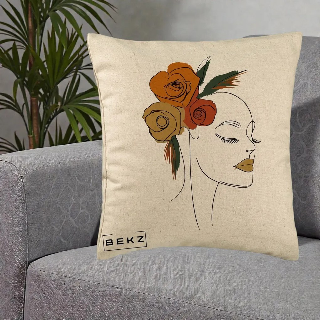 Perna Decorativa Portret Feminin Trandafiri Ruginii, 40x40 cm, Bej, Husa Detasabila, Perna Inclusa, BEKZ®