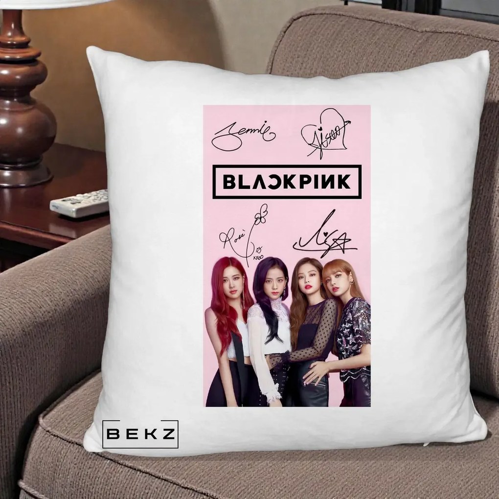 Perna Personalizata K-pop BLACKPINK Semnaturi si Foto, 40x40 cm, Alb Pufos, Husa Detasabila, Perna Inclusa, BEKZ®