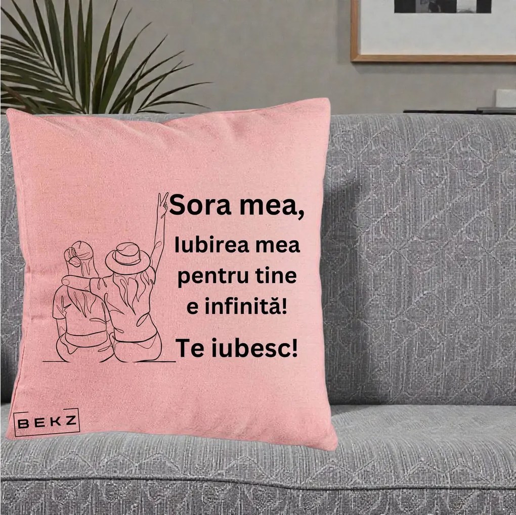 Cadou pentru Sora - Perna Personalizata Sora Mea Te Iubesc Line Art Portrete Colorate, 40x40 cm, Roz, Husa Detasabila, Perna Inclusa, BEKZ®