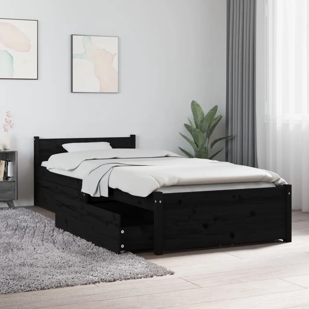 3103477 vidaXL Cadru de pat cu sertare Small Single 2FT6, negru, 75x190 cm