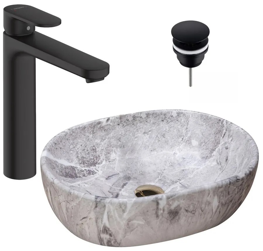 Pachet lavoar pe blat Rea Lara Stone gri 48.5 cm, baterie lavoar Hansgrohe Vernis Blend negru si ventil lavoar Click-Clack D negru