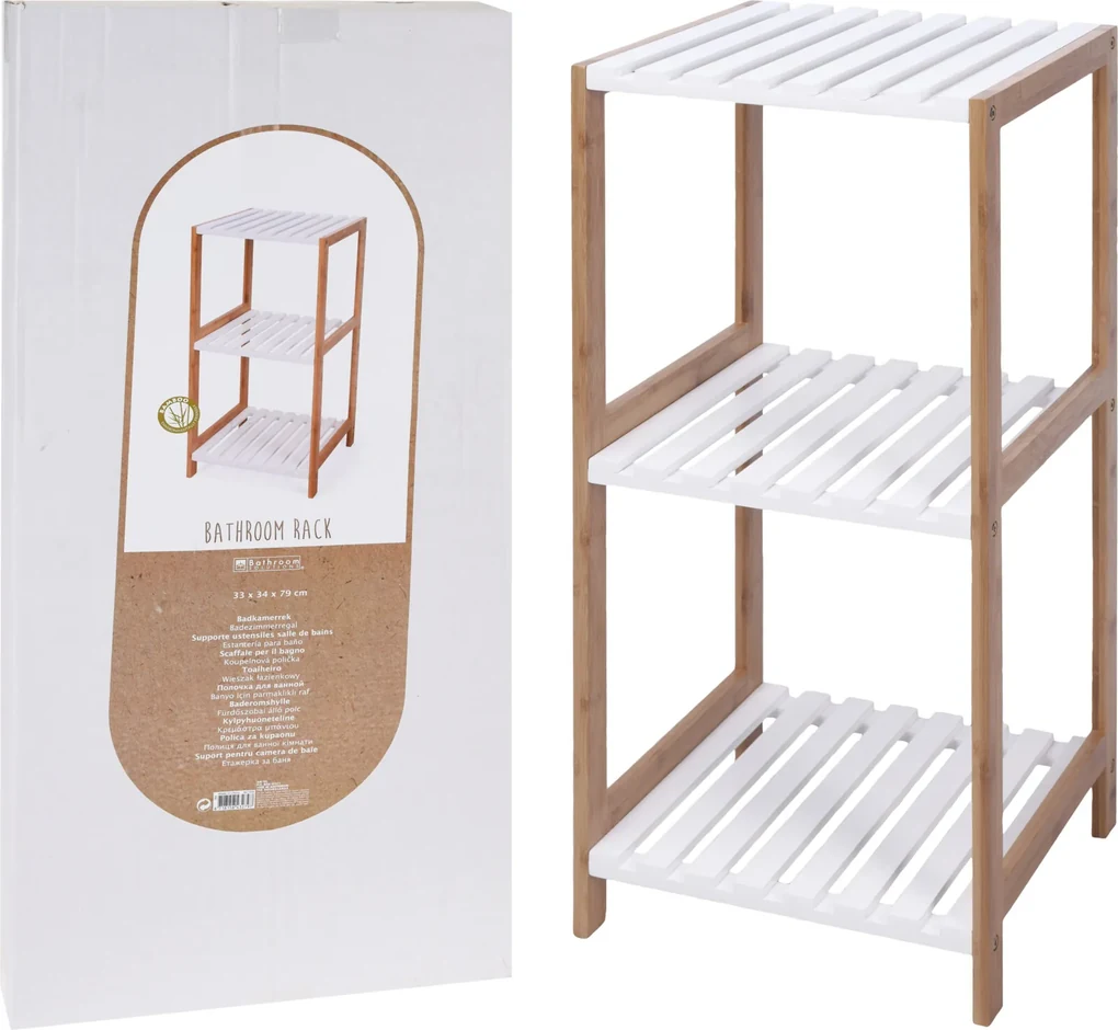 Raft de Baie cu 3 Nivele, Cadru din Bambus si MDF Alb, Design Compact