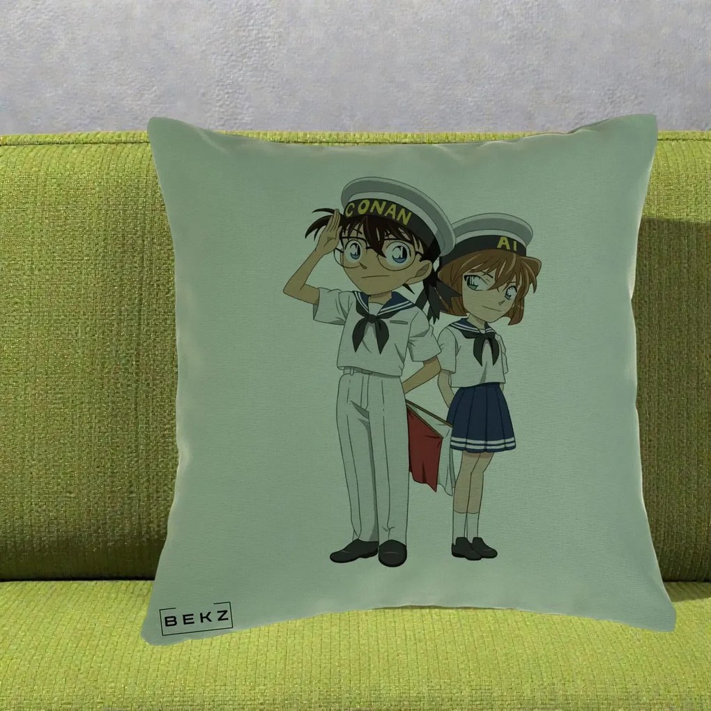 Perna Personalizata Detective Conan Conan si Ai Sailor, 40x40 cm, Verde, Husa Detasabila, Perna Inclusa, BEKZ®