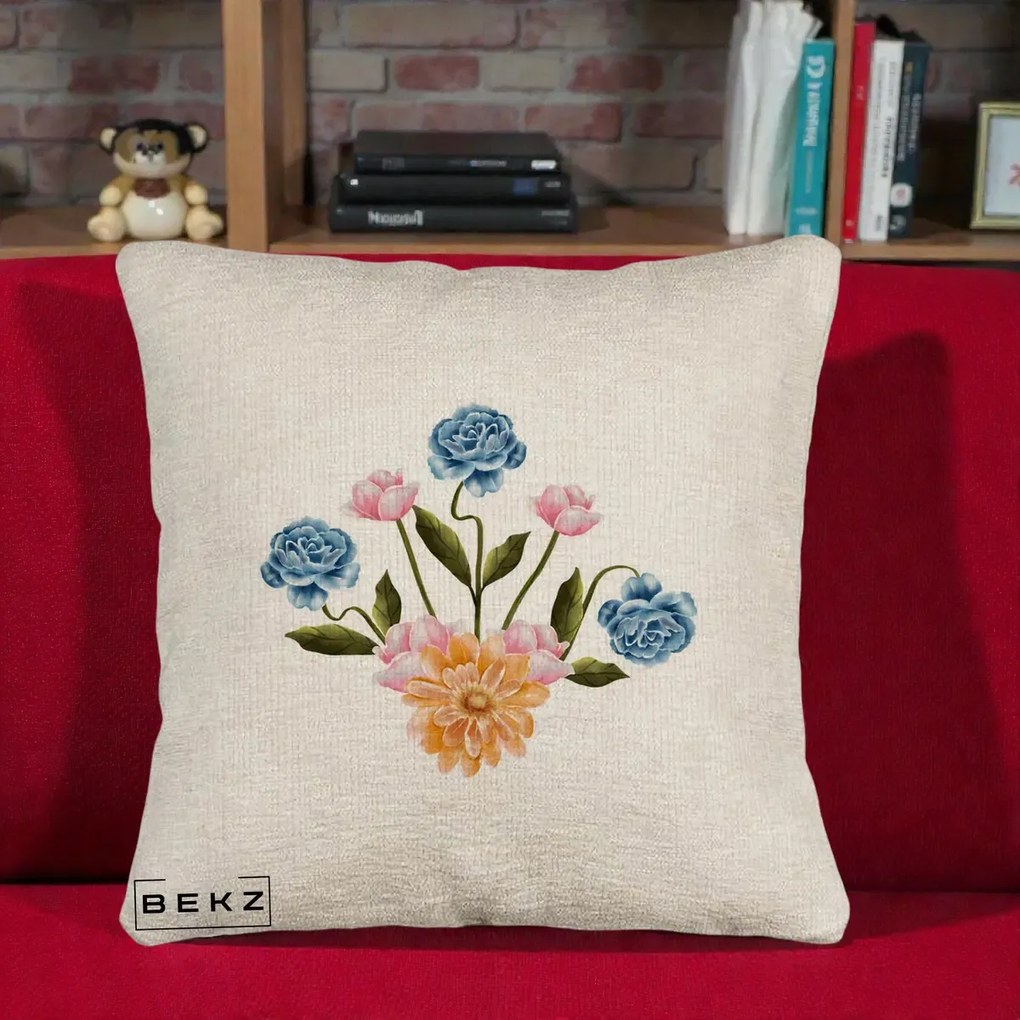 Perna Decorativa Buchet Primavara Acuarela, 40x40 cm, Bej Canapea, Husa Detasabila, Perna Inclusa, BEKZ®