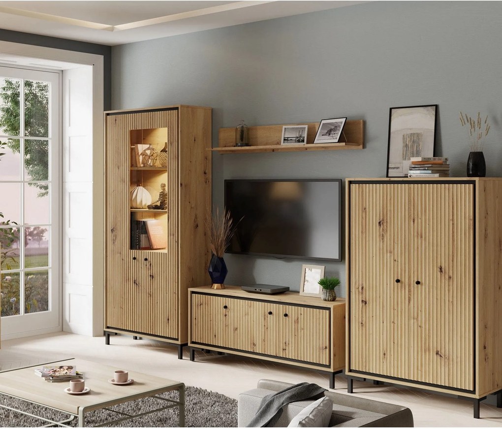Mobilier living PARII A, stejar artisan, PAL/sticla, cu iluminare LED,