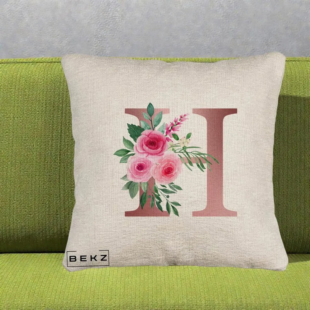 Cadou Personalizat - Perna Personalizata Monograma Rose Gold Litera H, 40x40 cm, Bej Canapea, Husa Detasabila, Perna Inclusa, BEKZ®