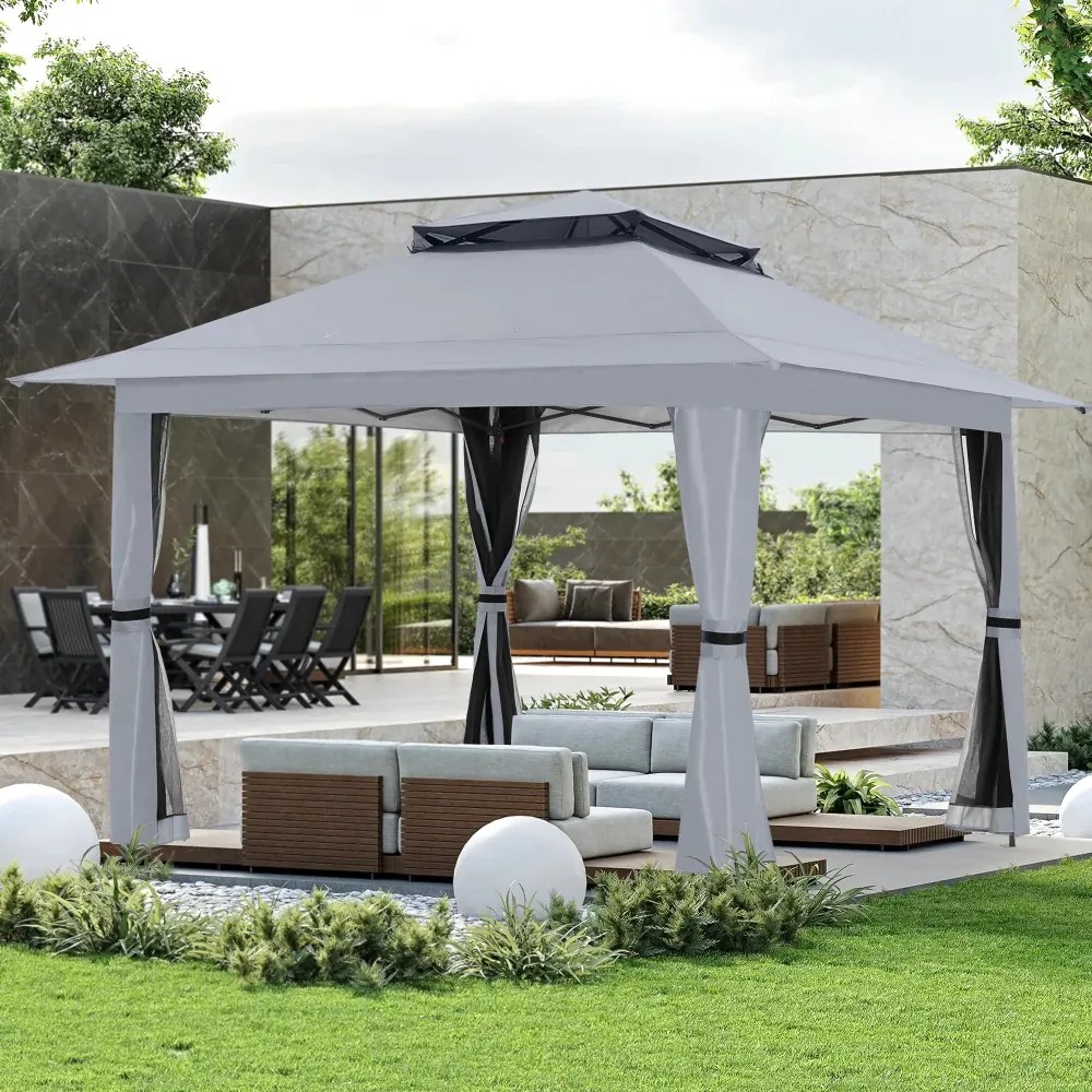 ABCCANOPY Foișor de gradina 3.96x3.96 m - Foișor exterior cu cadru din oțel și plasă de țânțari, înălțime reglabilă 3 trepte, pentru gazon, curte, grădină, terasă, Gri