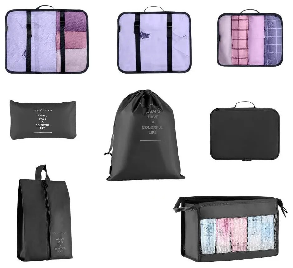 Set organizator pentru bagaje, 8 piese, negru