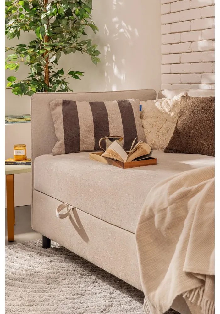 Pat bej tapițat cu spațiu de depozitare cu saltea 90x200 cm Avela – Bonami Selection