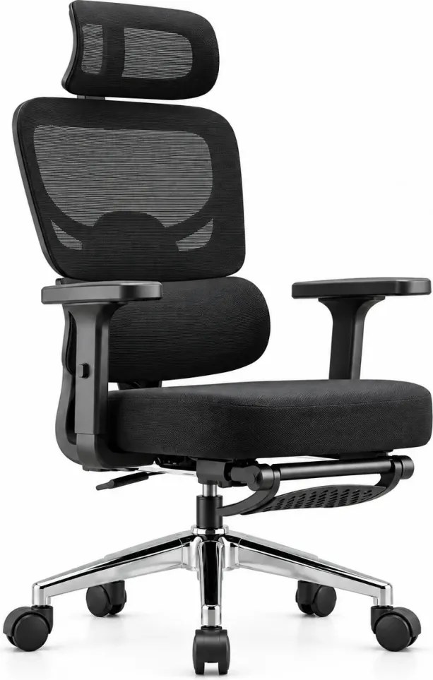 VARENO-H – Scaun ergonomic cu tetieră 4D, șezut culisant, suport lombar, cotiere 3D, reclinare 135°, suport pentru picioare, Negru